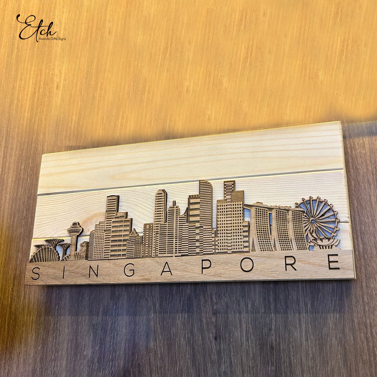 Etched Singapore Skyline on Wood Veneer