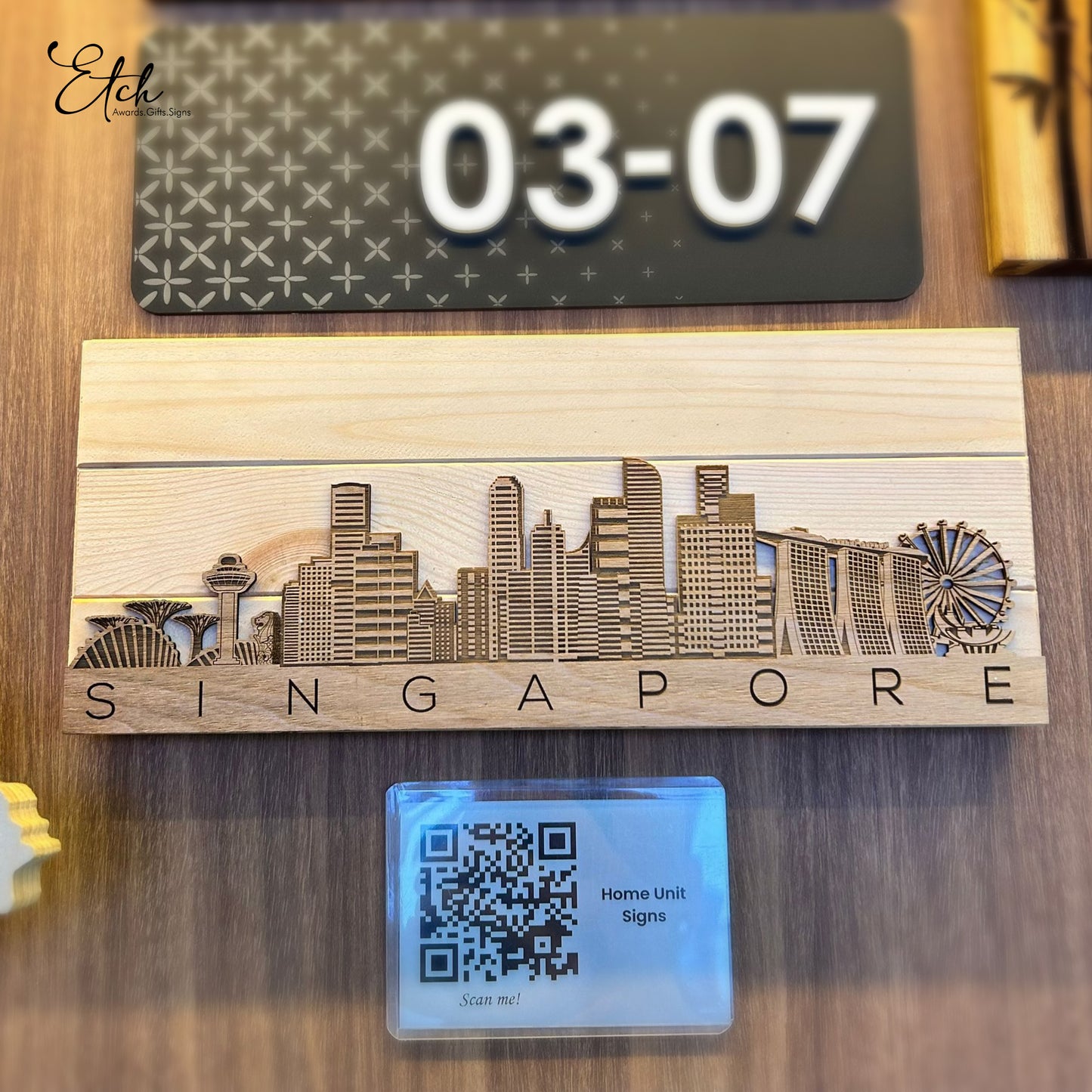 Etched Singapore Skyline on Wood Veneer