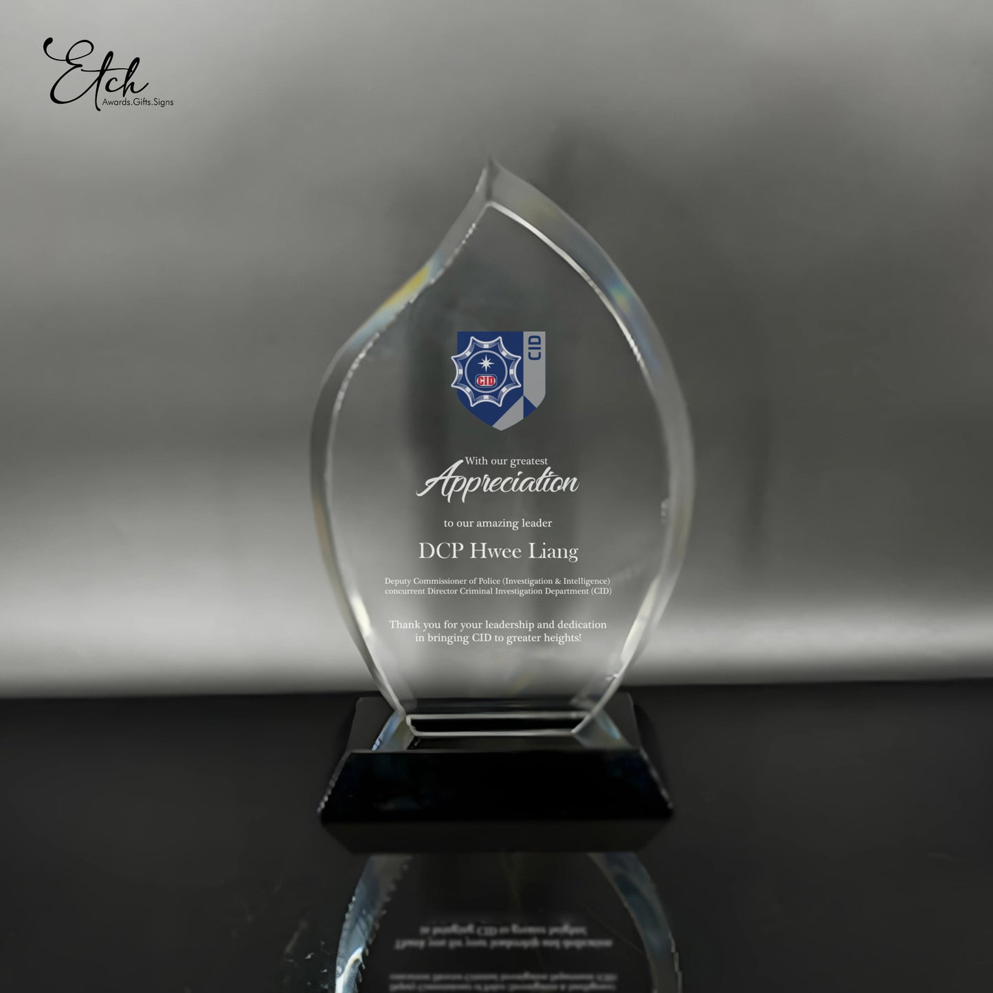 Flame Crystal Trophy Award with Black Base