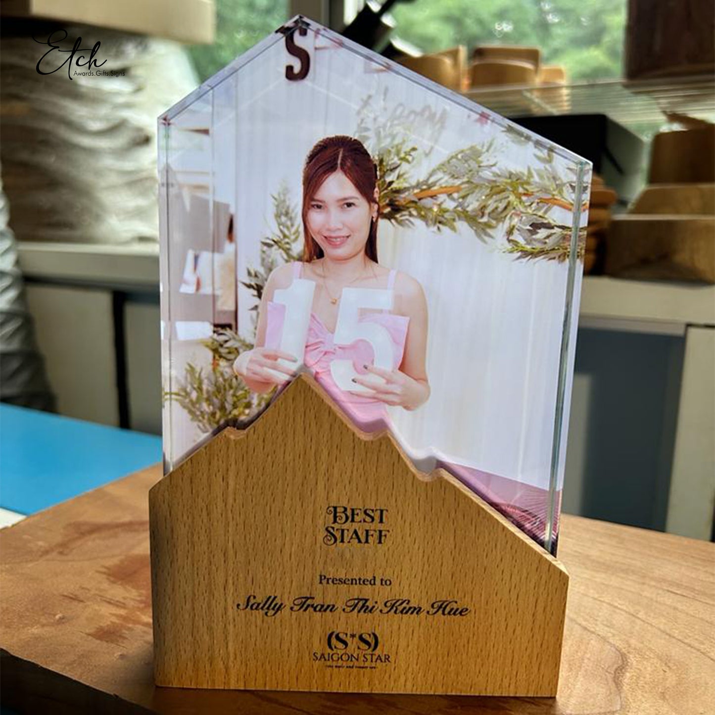 Home Crystal Trophy Award with Wood Base