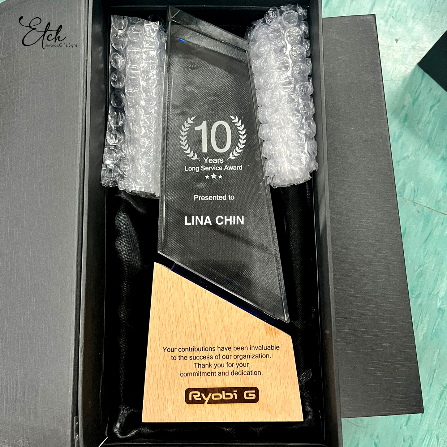 Peak Crystal Trophy Award with Wood Base