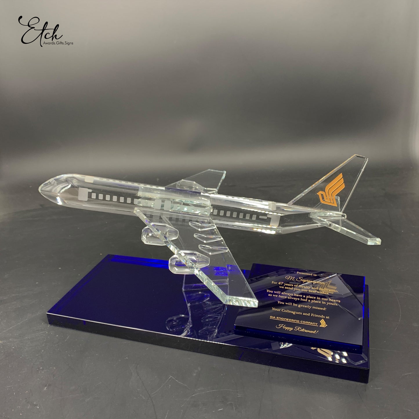 Premium Aeroplane Crystal Trophy Award with Blue Base