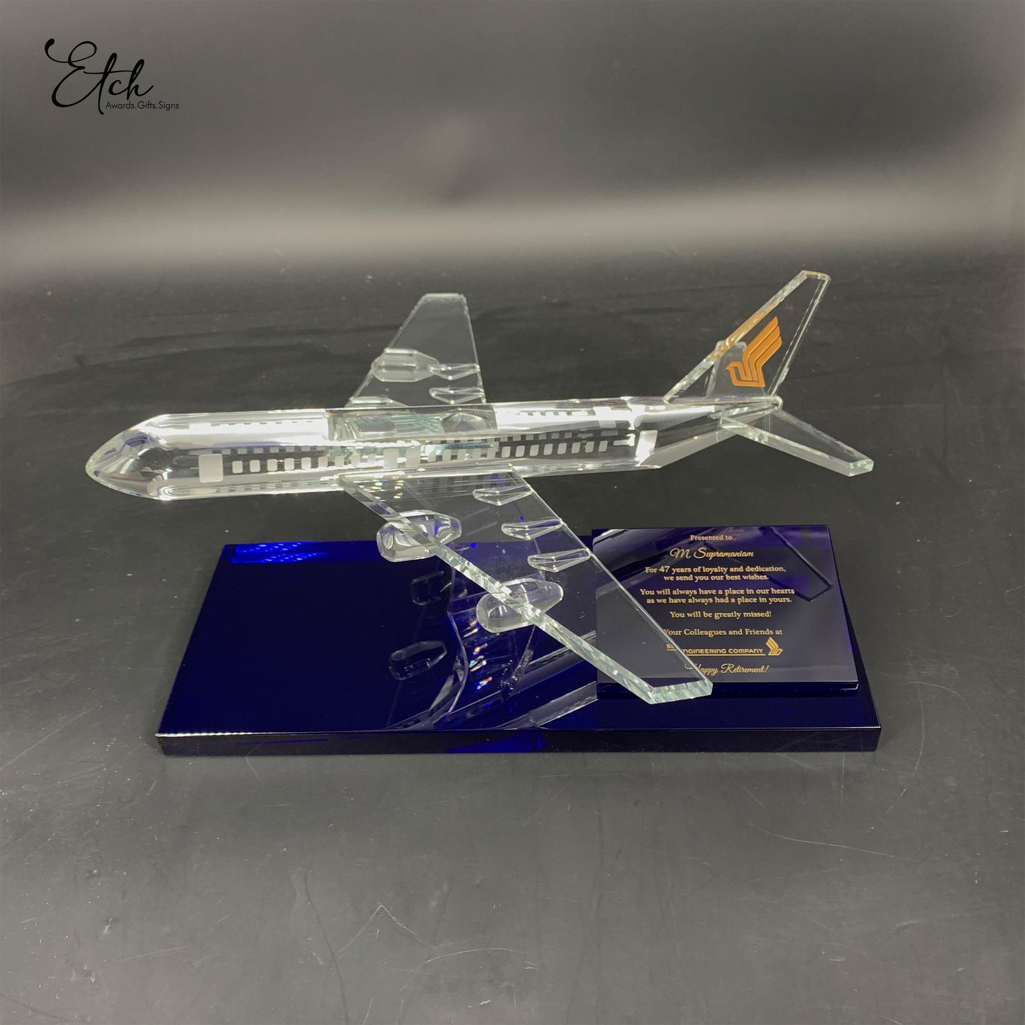 Premium Aeroplane Crystal Trophy Award with Blue Base