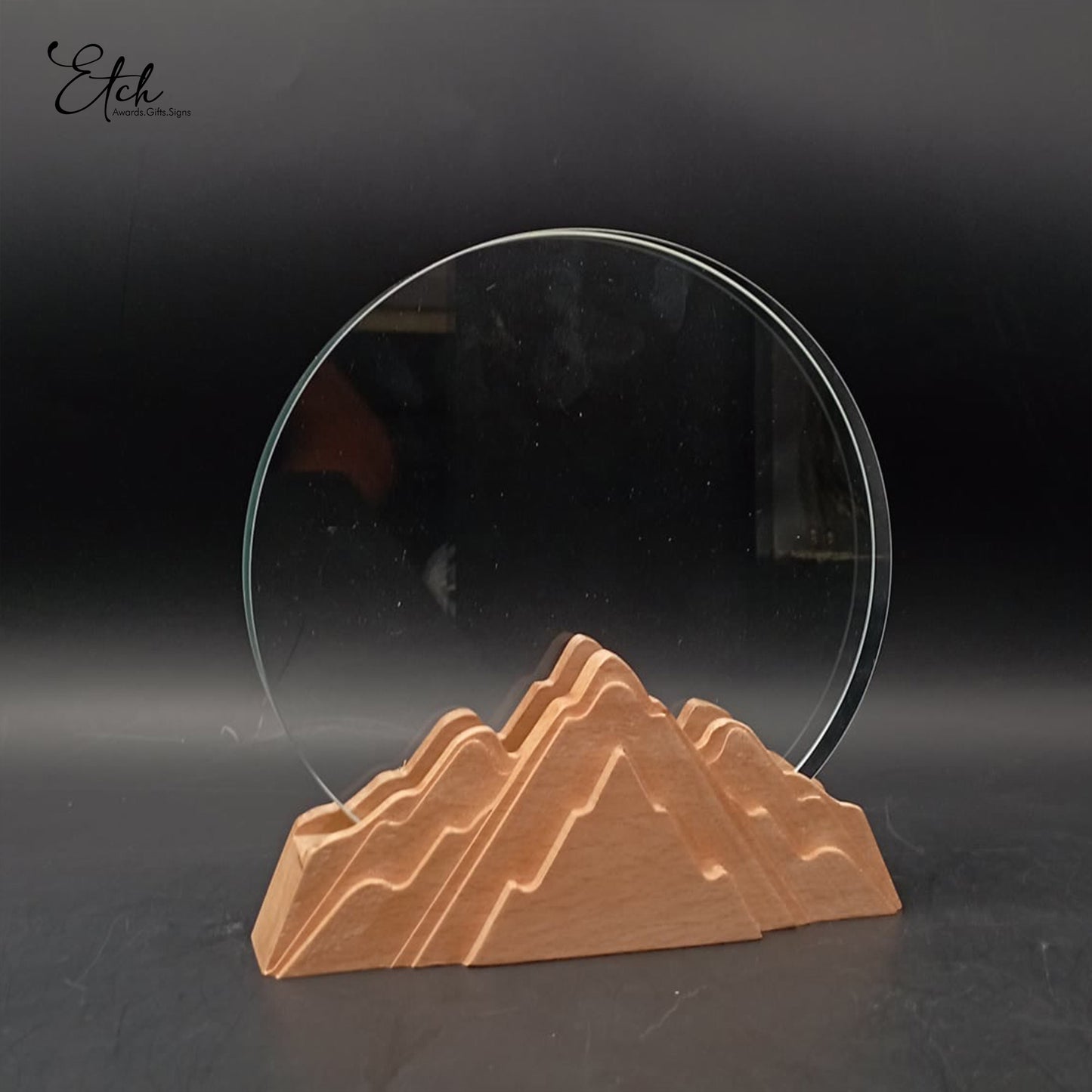 Round Crystal Trophy Award with Mountain Themed Base