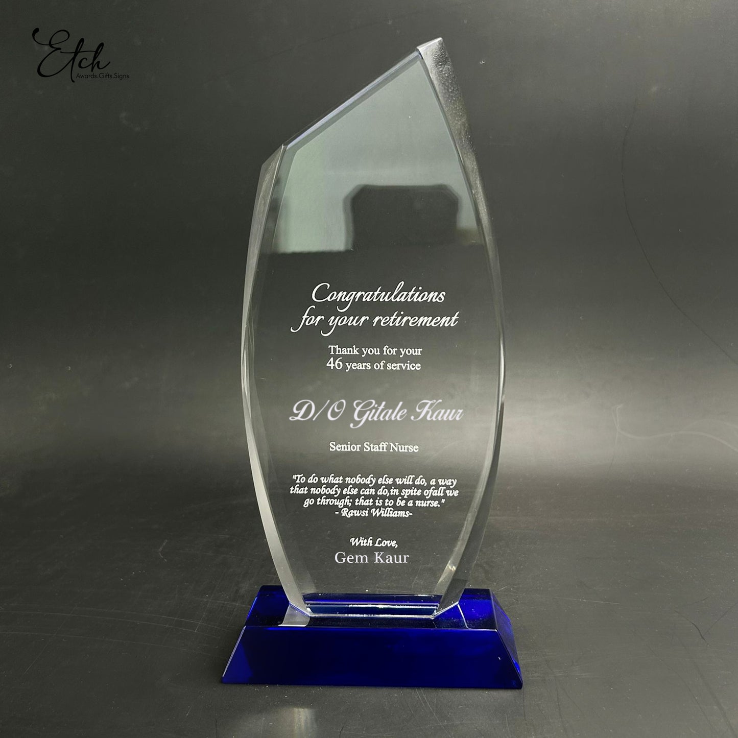 Starfire with Blue / Clear Base Crystal Trophy Award