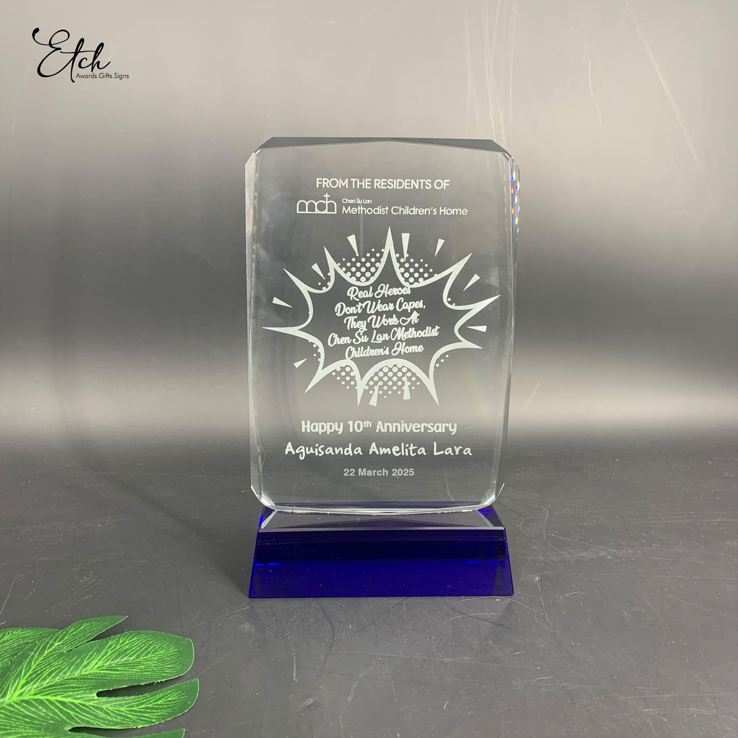 Tablet Crystal Trophy Award with Blue Base