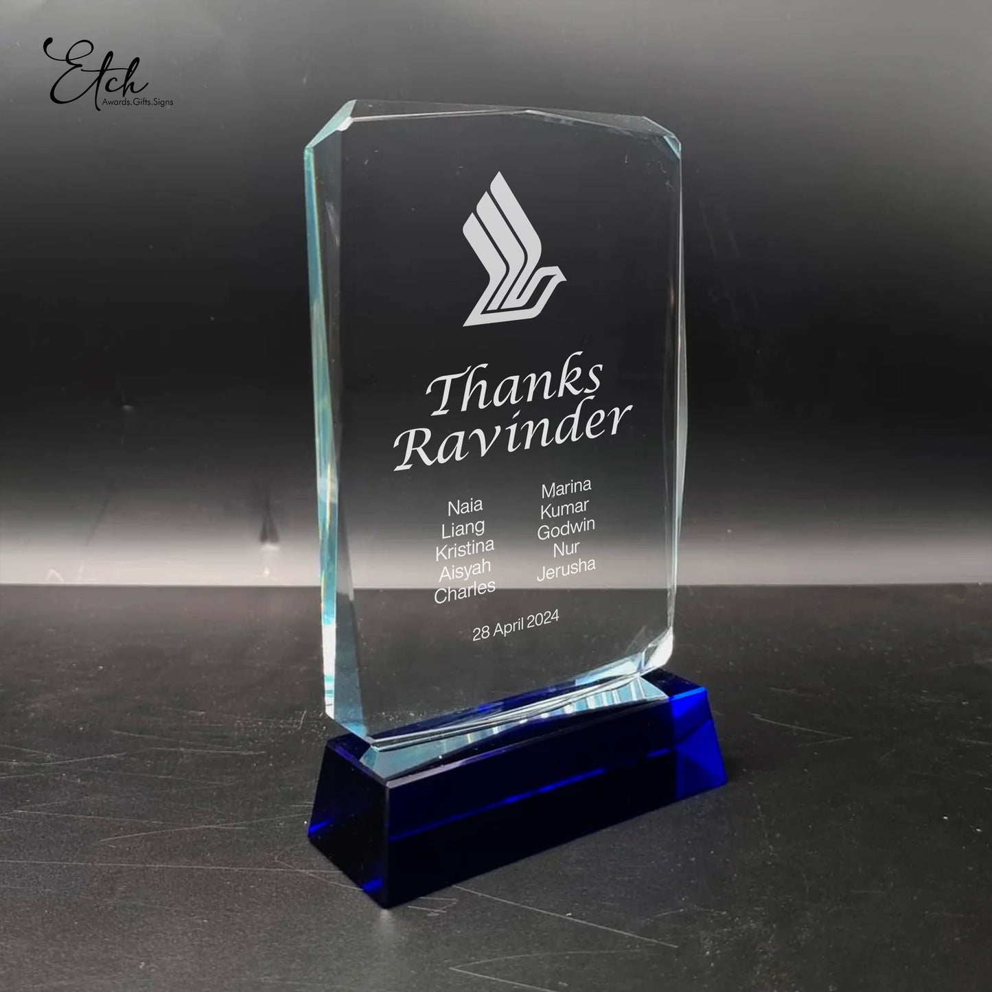 Tablet Crystal Trophy Award with Blue Base