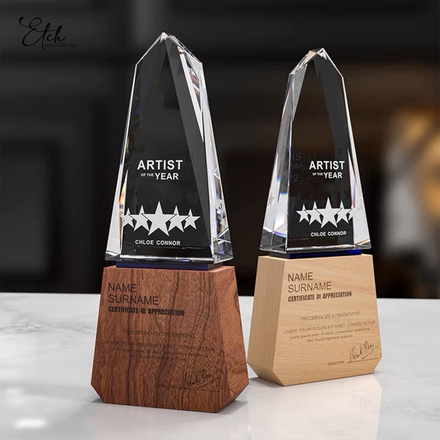 Victory Crystal Trophy Award with Wood Base