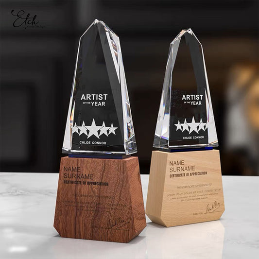 Victory Crystal Trophy Award with Wood Base
