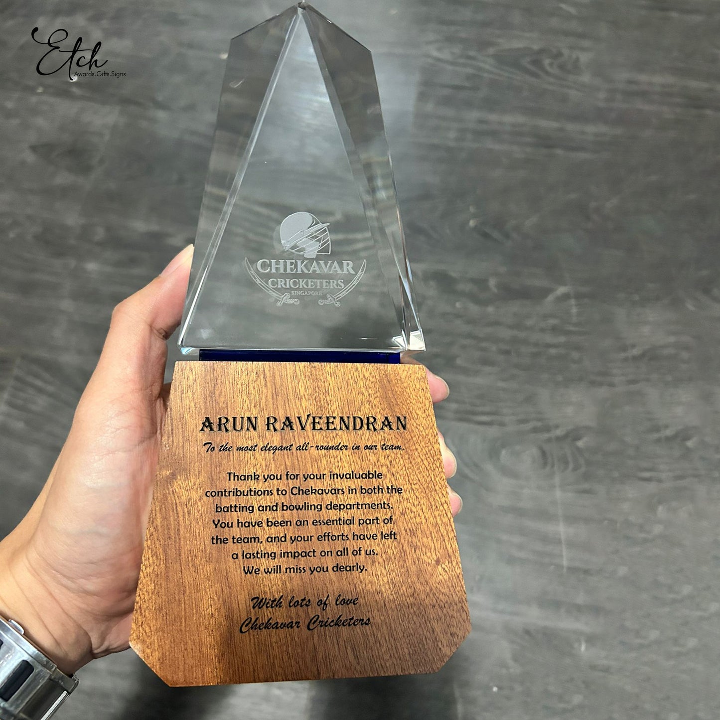 Victory Crystal Trophy Award with Wood Base