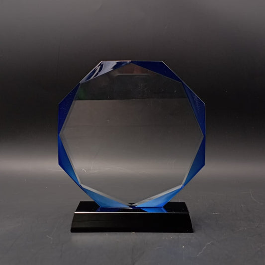 Blue Rim Octagon Crystal Trophy Award with Black Base