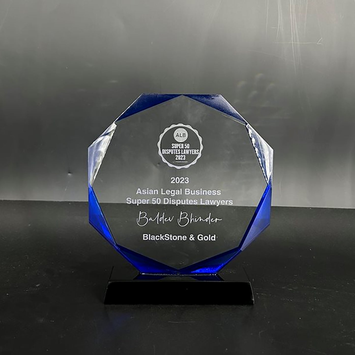 Blue Rim Octagon Crystal Trophy Award with Black Base