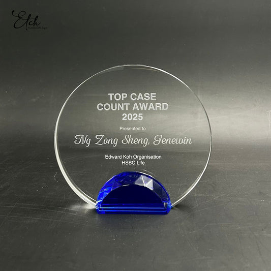 5" Round Crystal Award with Blue Base