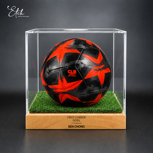 Acrylic Soccer Ball Display Case with Artificial Grass Patch