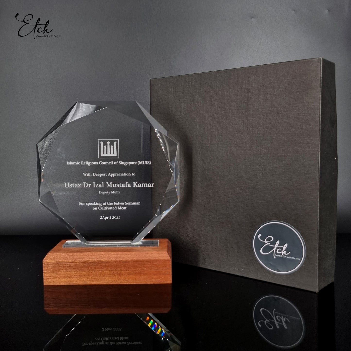Classic Octagon Crystal Trophy Award with Wood Base
