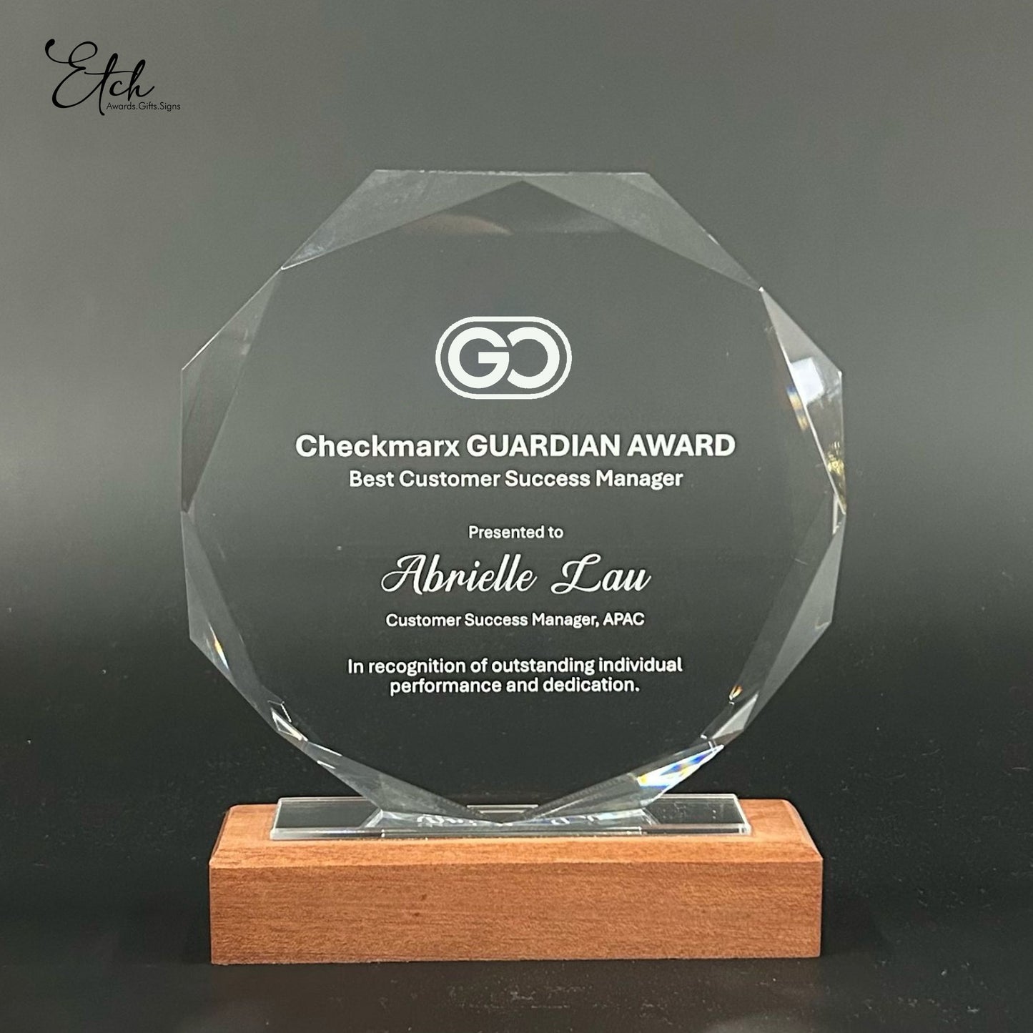 Classic Octagon Crystal Trophy Award with Wood Base