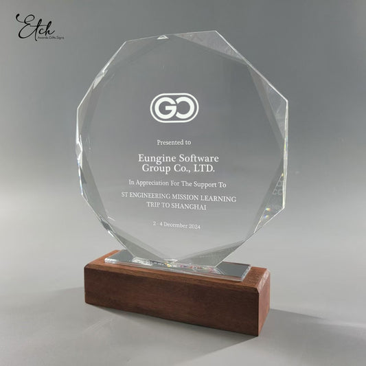 Classic Octagon Crystal Trophy Award with Wood Base