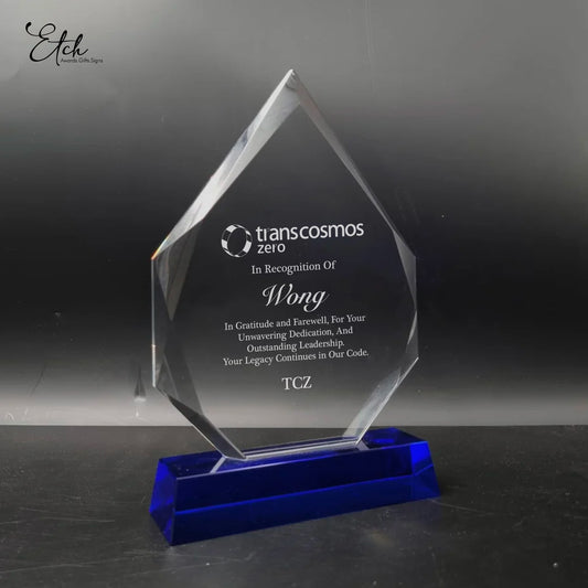 Diamond Peak Crystal Trophy Award with Black / Blue Base