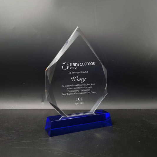 Diamond Peak Crystal Trophy Award with Black / Blue Base