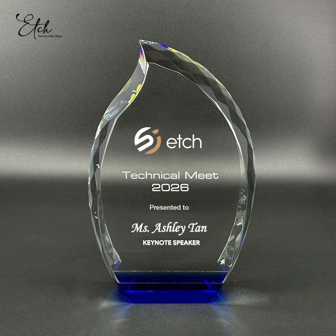 Jeweled Flame Crystal Award with Blue Base – Etch