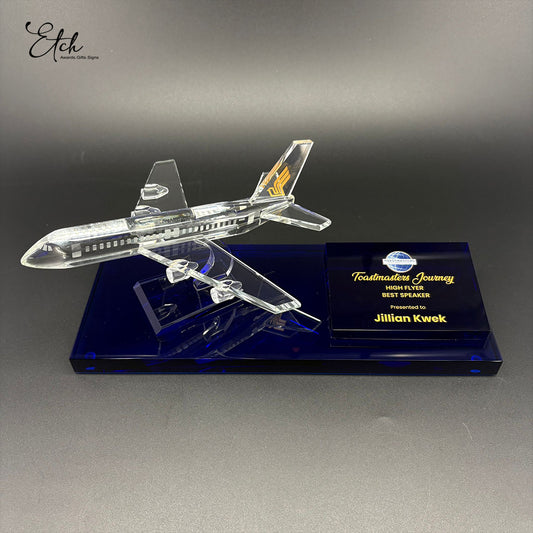 Premium Aeroplane Crystal Trophy Award with Blue Base