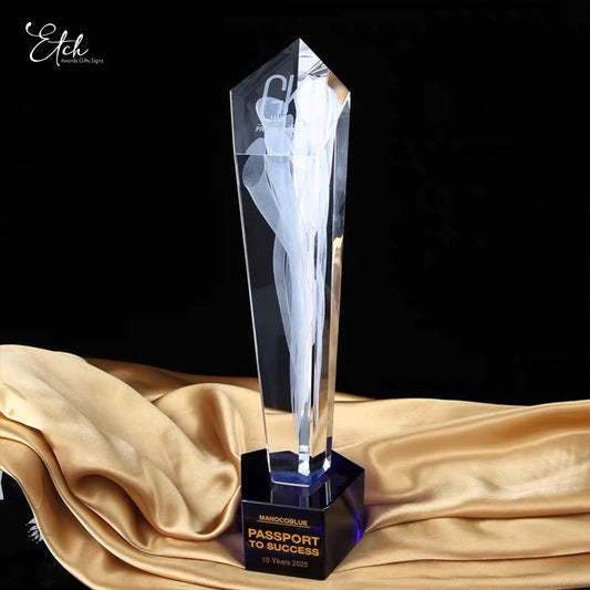 Tower Spiral 3D Design Crystal Trophy Award with Blue Base