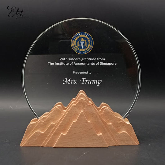Round Crystal Trophy Award with Mountain Themed Base