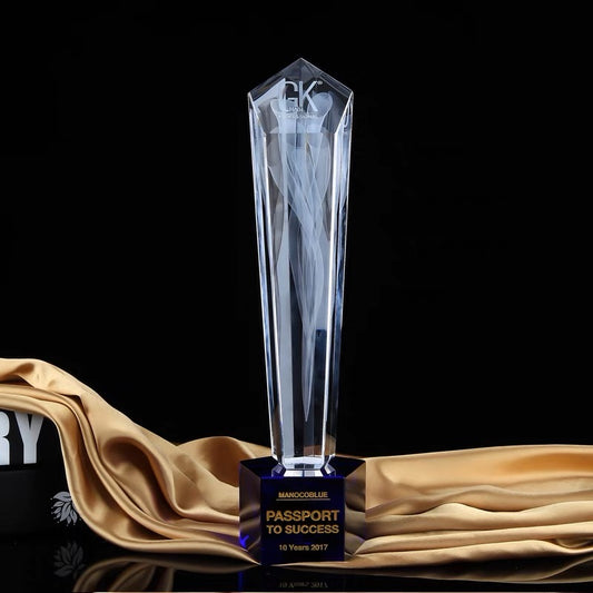 Tower Spiral 3D Design Crystal Trophy Award with Blue Base